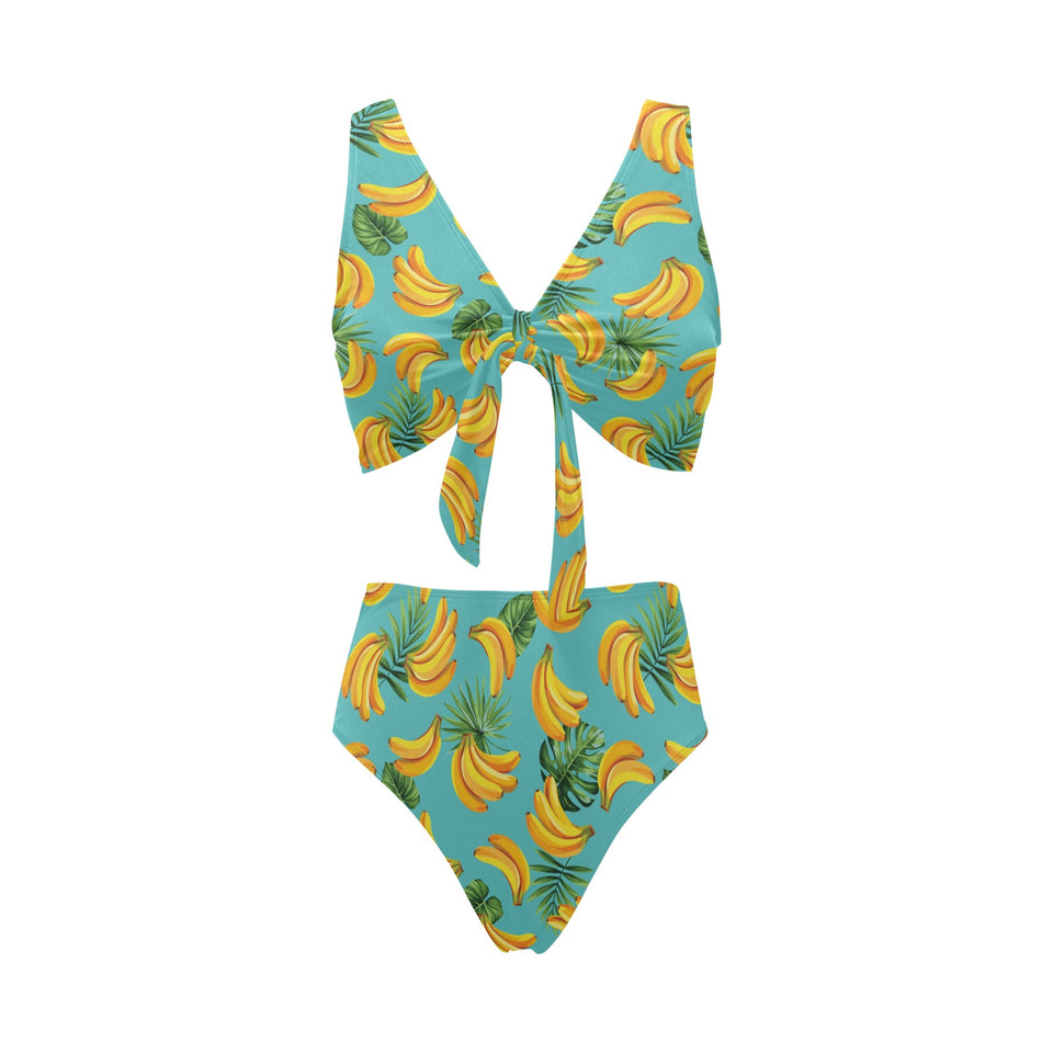 Banana Palm Leaves pattern background Chest Bowknot High Waisted Bikini Swimsuit