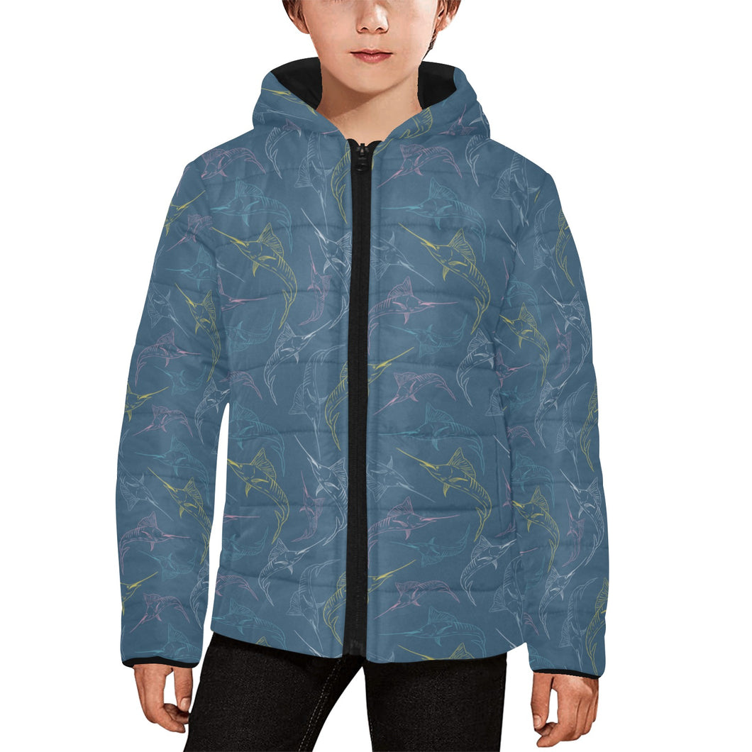 Swordfish Pattern Print Design 02 Kids' Boys' Girls' Padded Hooded Jacket