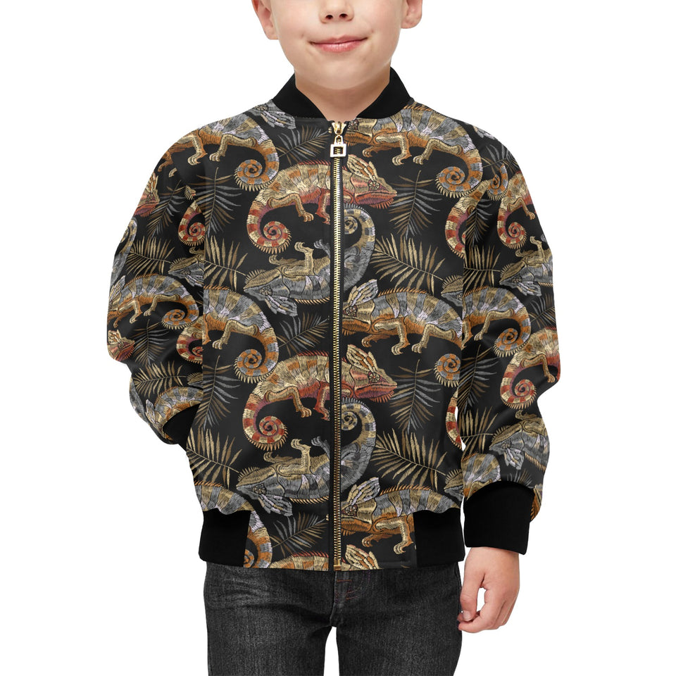 Chameleon lizard tropical leaves palm tree Kids' Boys' Girls' Bomber Jacket