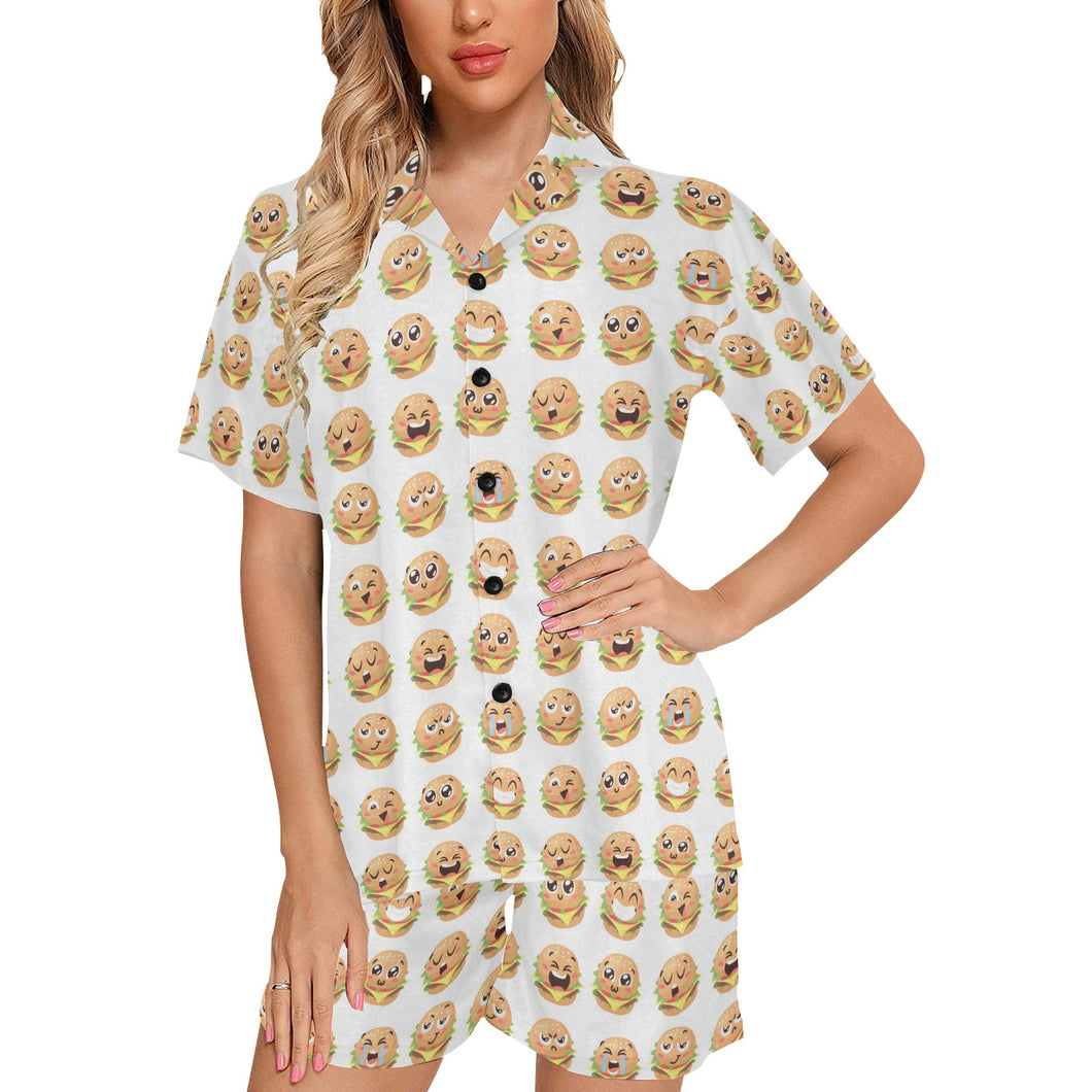 Hamburger Pattern Print Design 04 Women's V-Neck Short Pajama Set