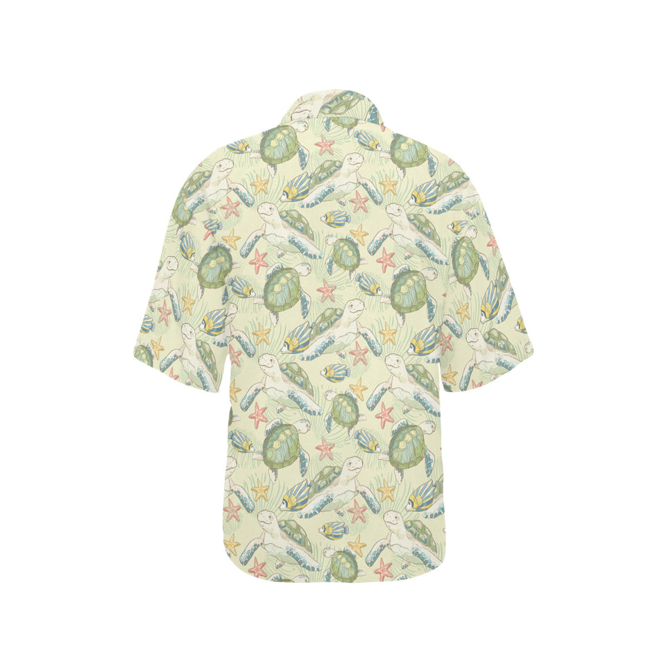 Hand drawn sea turtle fish pattern Women's All Over Print Hawaiian Shirt