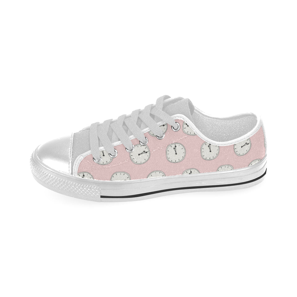 Clock pattern pink blackground Men's Low Top Canvas Shoes White