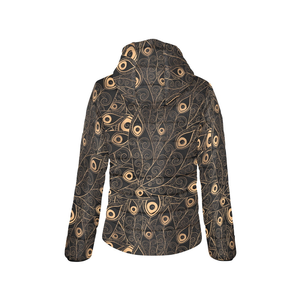 Gold peacock feather pattern Women's Padded Hooded Jacket