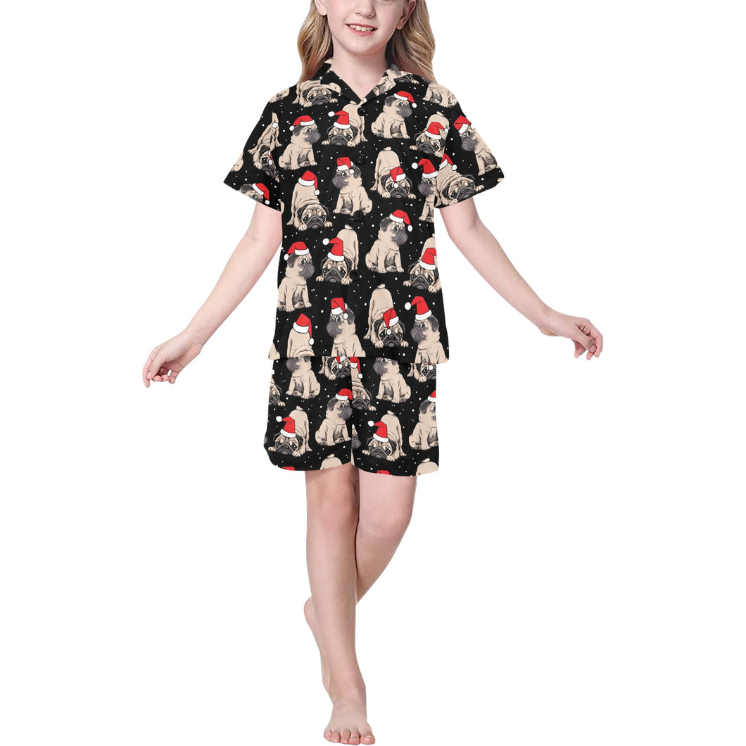 Christmas Pugs Santa_s red cap pattern Kids' Boys' Girls' V-Neck Short Pajama Set