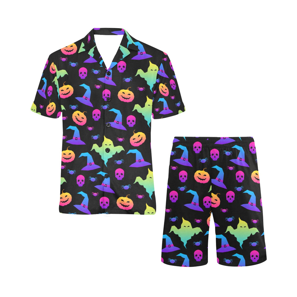 Colorful halloween background Men's V-Neck Short Pajama Set