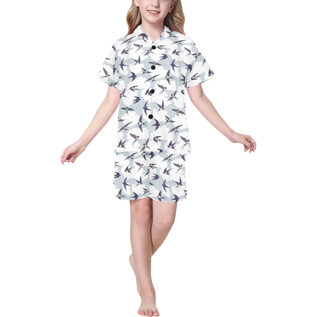 Swallow Pattern Print Design 05 Kids' Boys' Girls' V-Neck Short Pajama Set