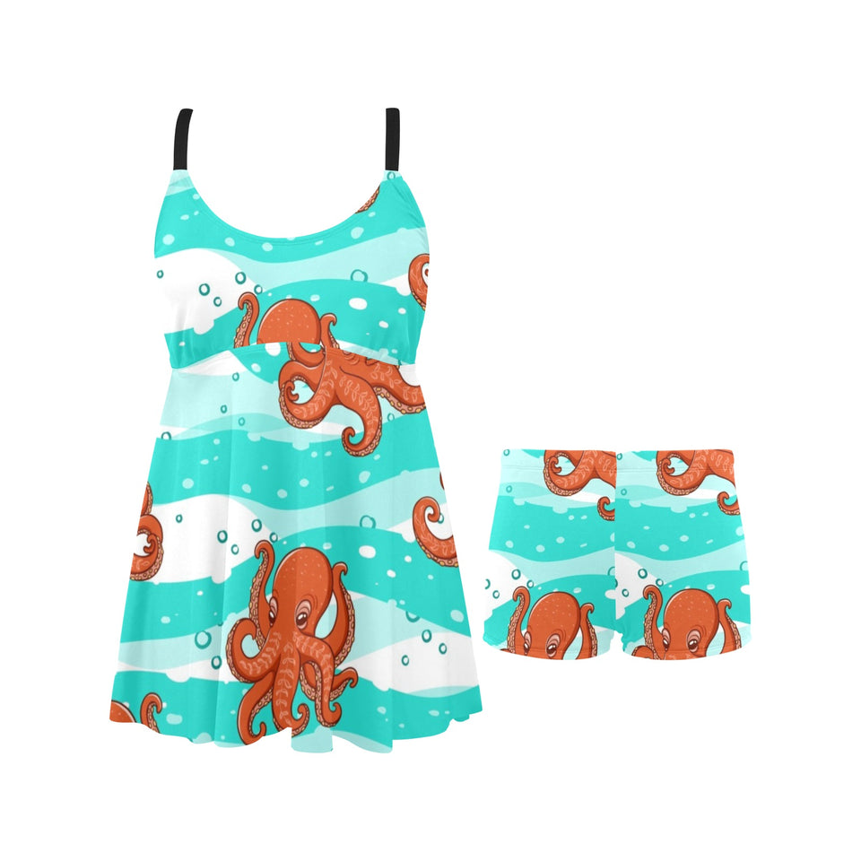 Octopuses sea wave background Chest Sexy Pleated Two Piece Swim Dress