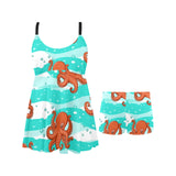 Octopuses sea wave background Chest Sexy Pleated Two Piece Swim Dress