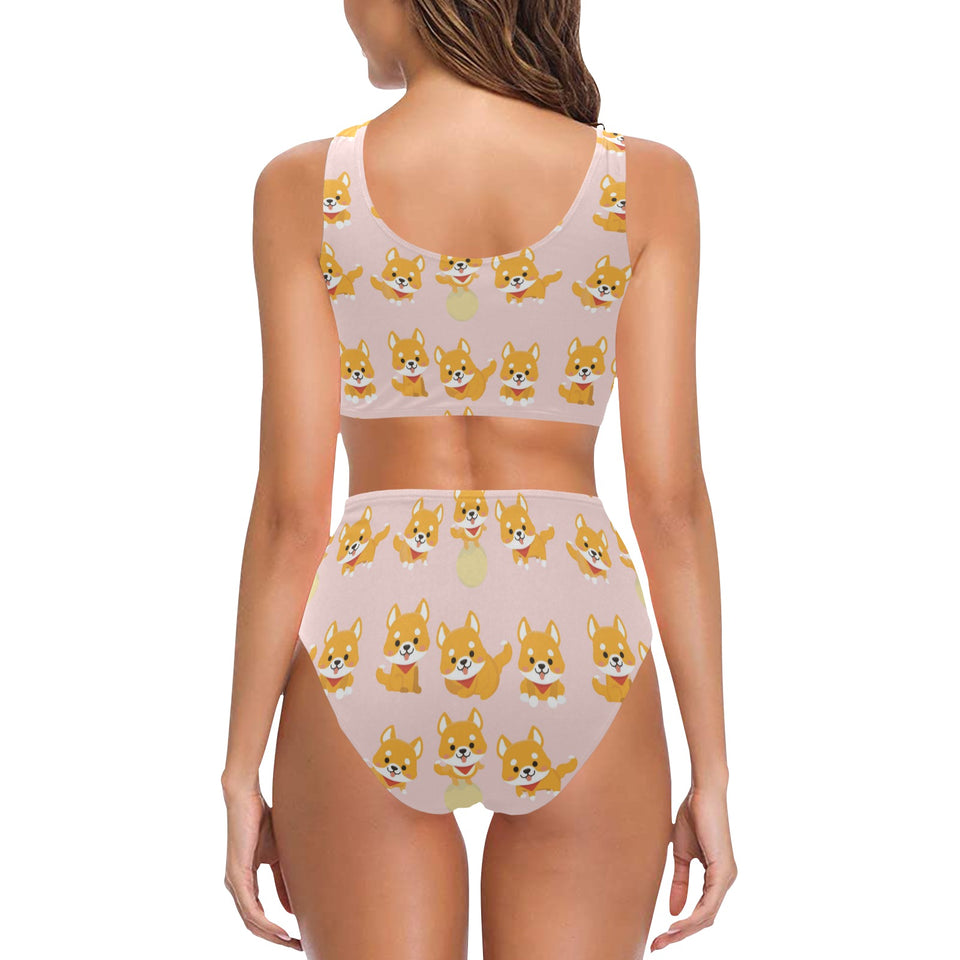 Cute shiba inu dog pattern Chest Bowknot High Waisted Bikini Swimsuit