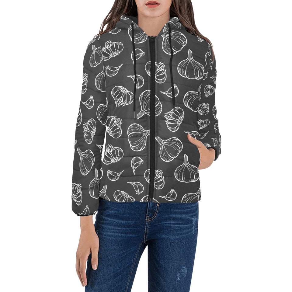 Garlic pattern black background Women's Padded Hooded Jacket