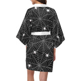 Spider web design pattern Black background white c Women's Short Kimono Robe