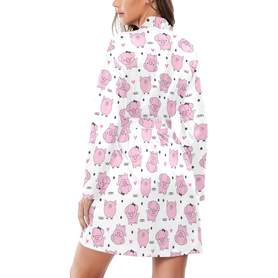 Pig Pattern Print Design 03 Women's Long Sleeve Belted Night Robe