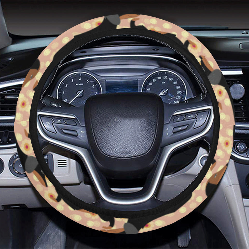 Dachshund floral background Car Steering Wheel Cover