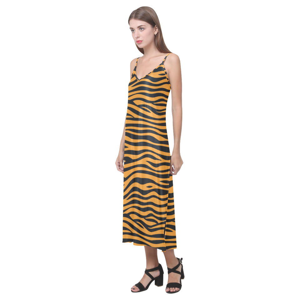Bengal tigers skin print pattern background V-Neck Open Fork Long Dress