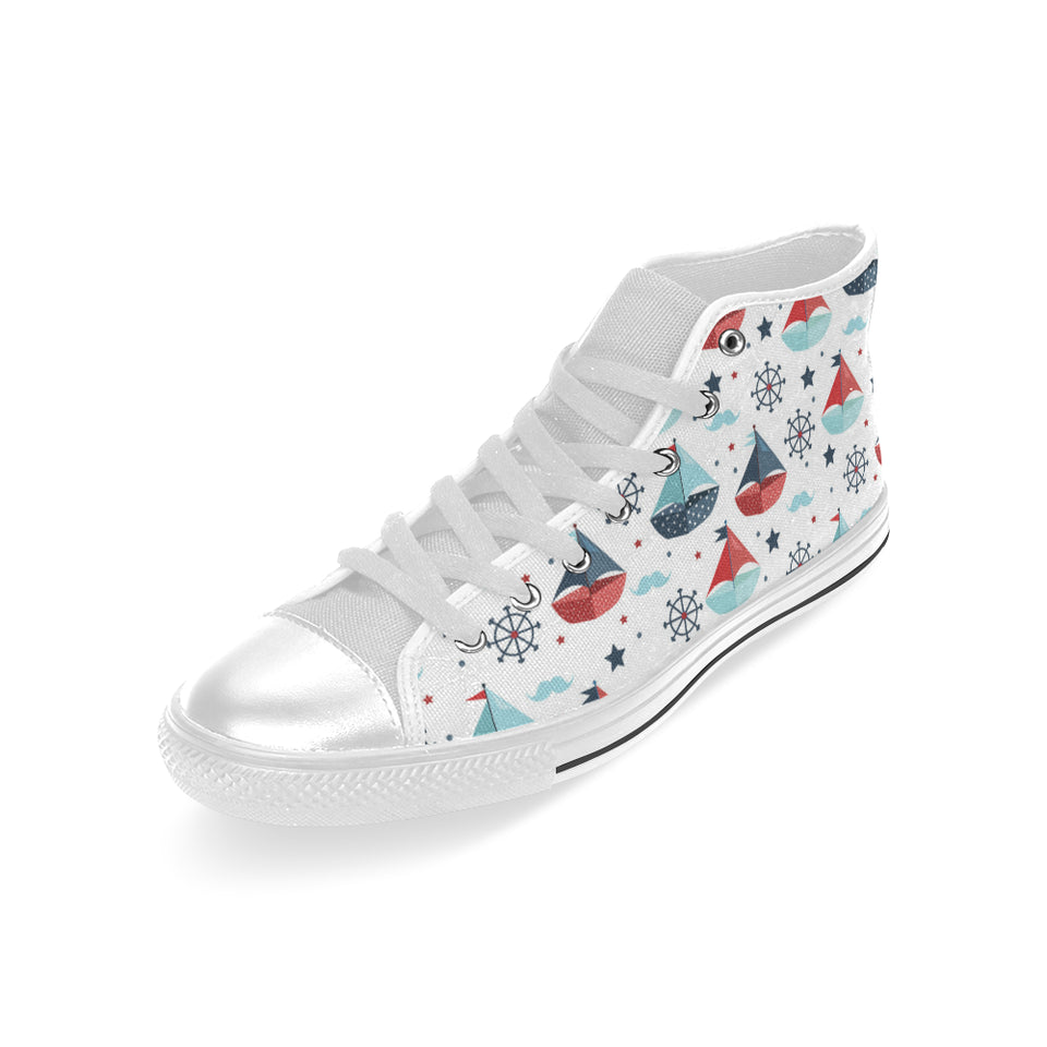 Cute color paper sailboat pattern Men's High Top Canvas Shoes White