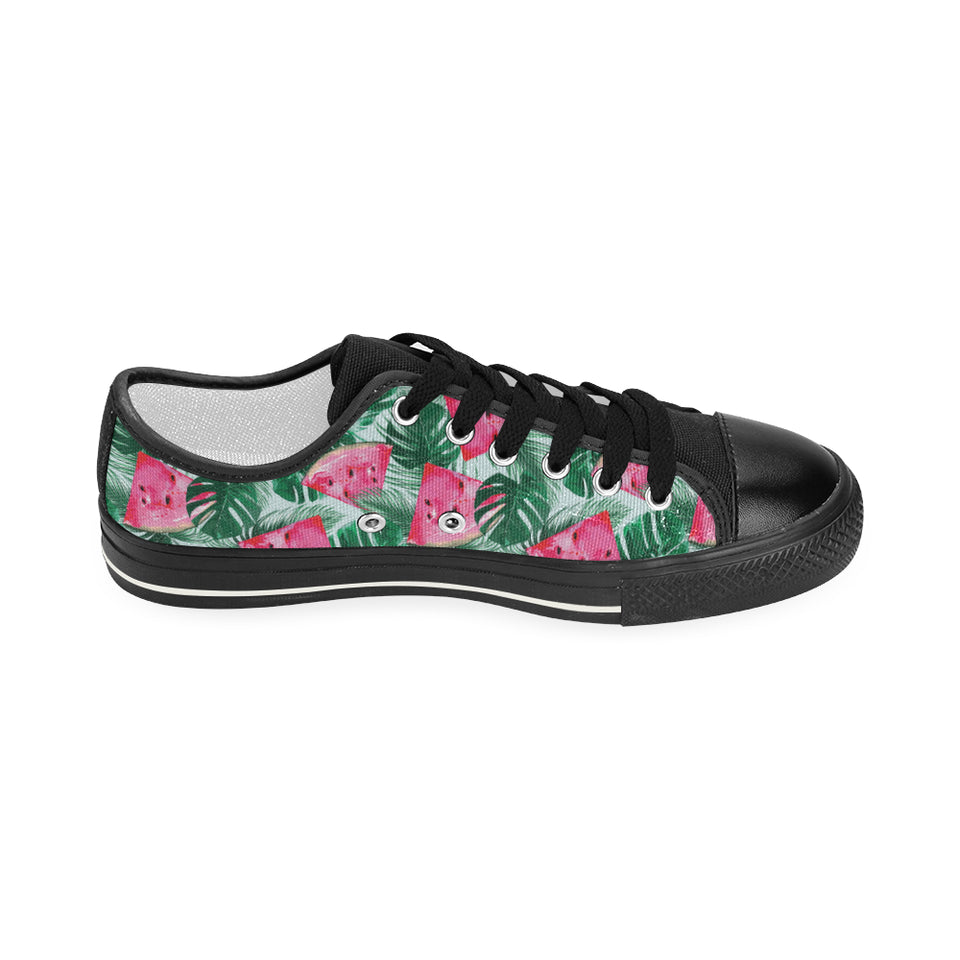 Watermelons tropical palm leaves pattern Women's Low Top Canvas Shoes Black