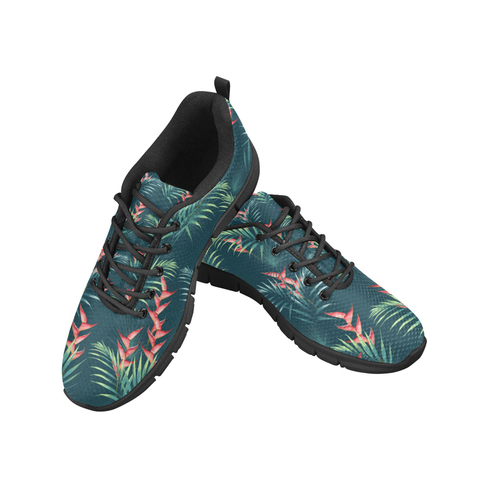 heliconia flowers, palm and monstera leaves on bla Women's Sneaker Shoes