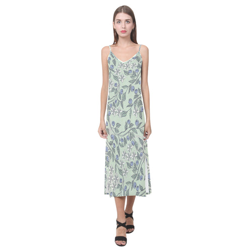 hand drawn blueberry pattern V-Neck Open Fork Long Dress