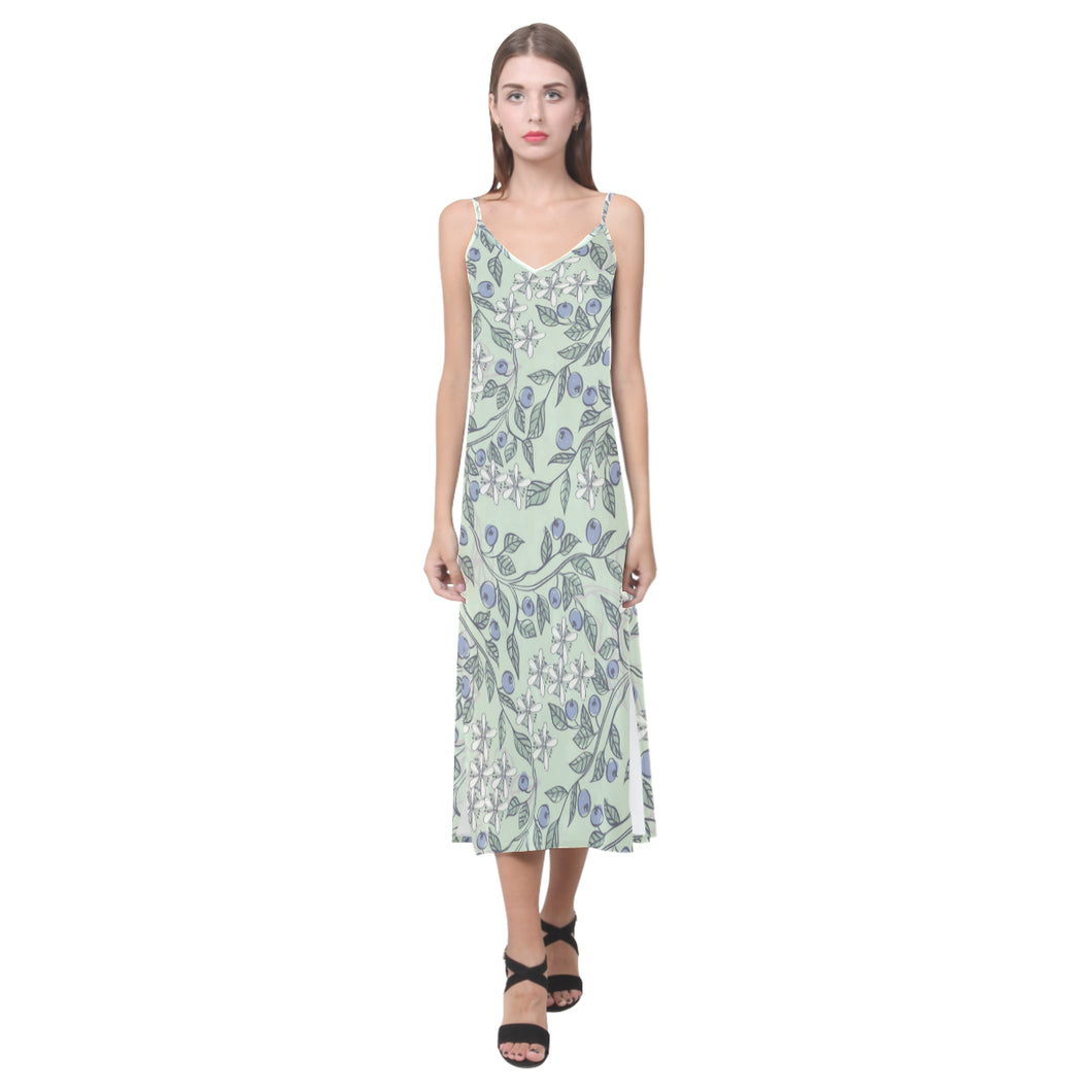 hand drawn blueberry pattern V-Neck Open Fork Long Dress
