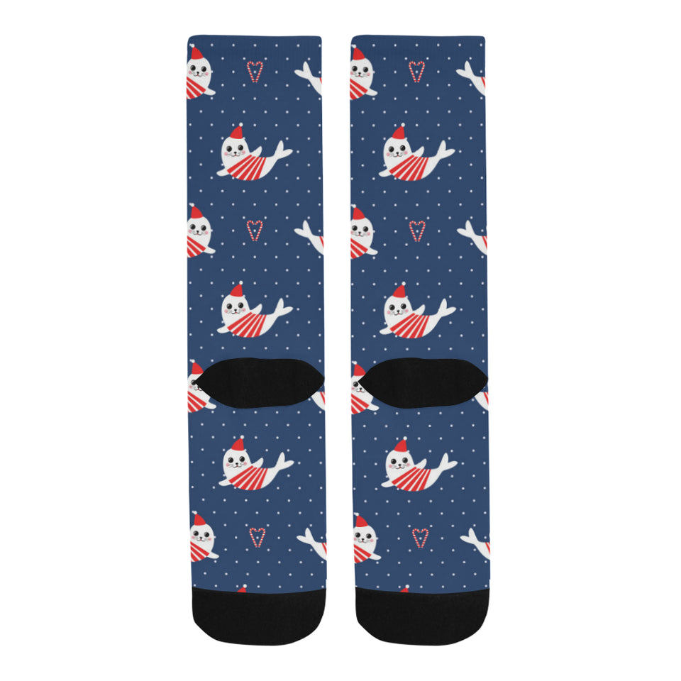 Cute sea lion seal christmas hat candy cane heart Crew Socks