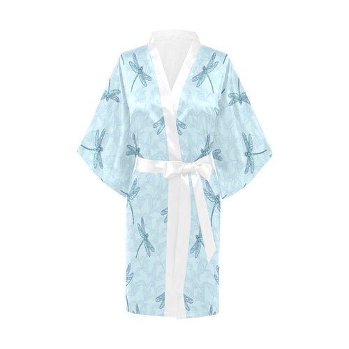 Dragonfly pattern blue background Women's Short Kimono Robe