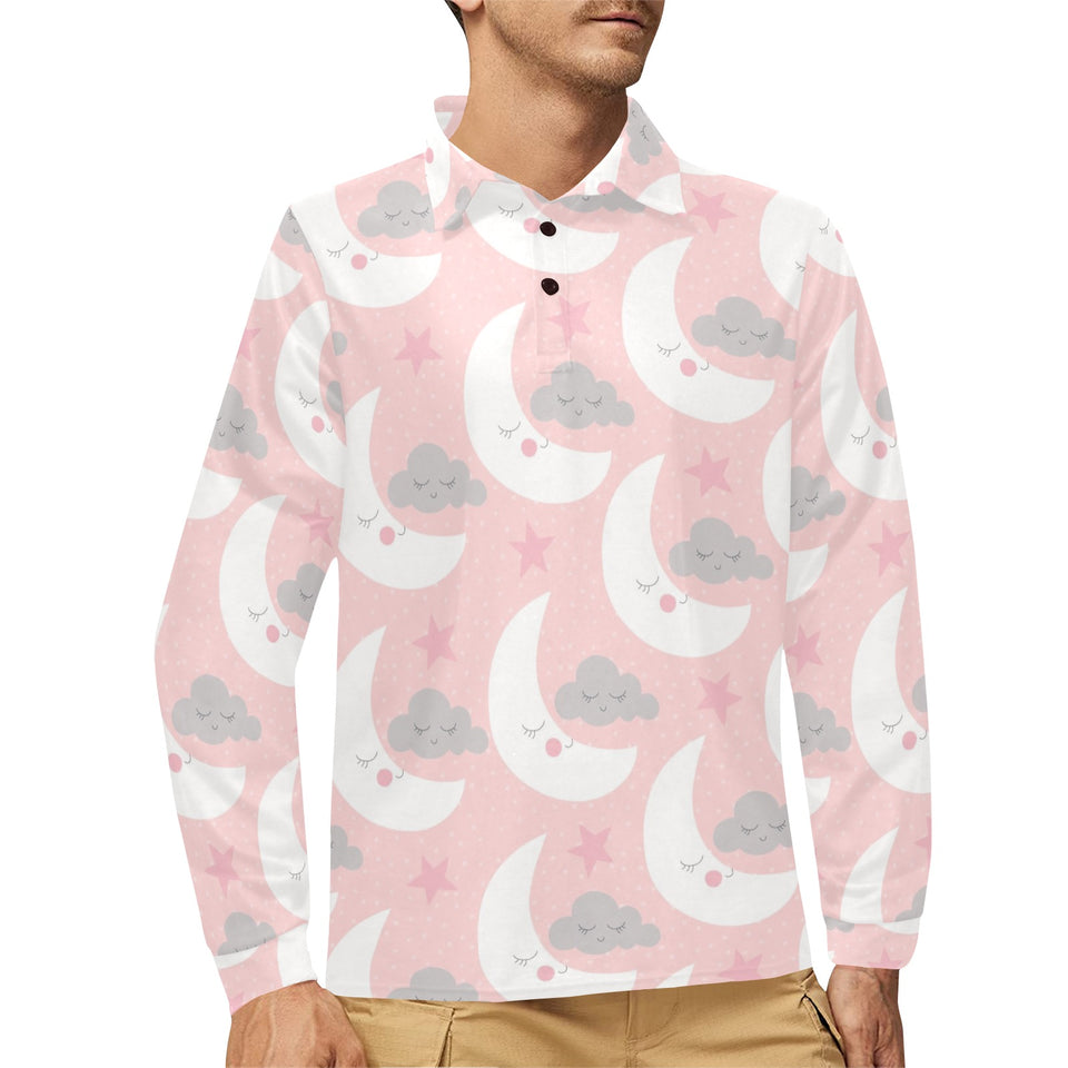 Cute moon cloud star pattern pink dot background Men's Long Sleeve Polo Shirt