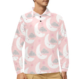 Cute moon cloud star pattern pink dot background Men's Long Sleeve Polo Shirt