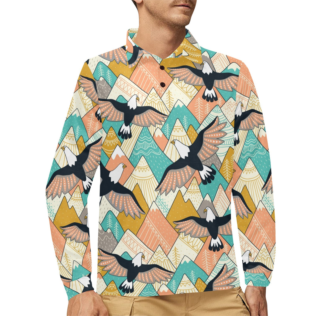 Eagle Pattern Print Design 02 Men's Long Sleeve Polo Shirt