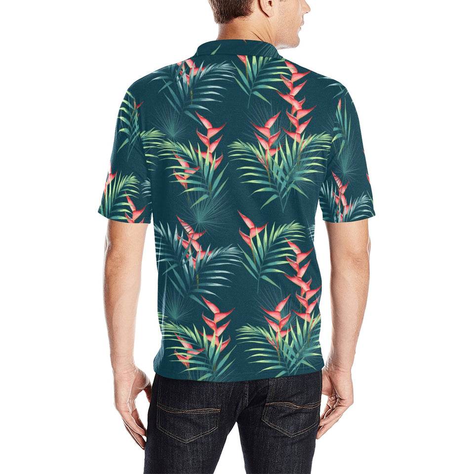 heliconia flowers, palm and monstera leaves on bla Men's All Over Print Polo Shirt