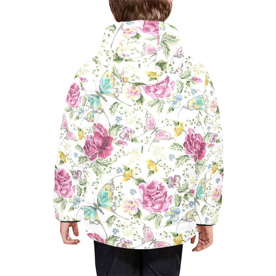 Hand drawn butterfly rose Kids' Boys' Girls' Padded Hooded Jacket
