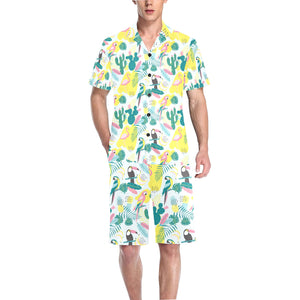 Cute parrot toucan flamingo cactus exotic leaves p Men's V-Neck Short Pajama Set