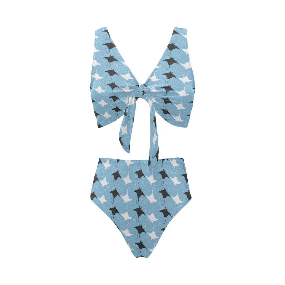 Stingray Pattern Print Design 03 Chest Bowknot High Waisted Bikini Swimsuit