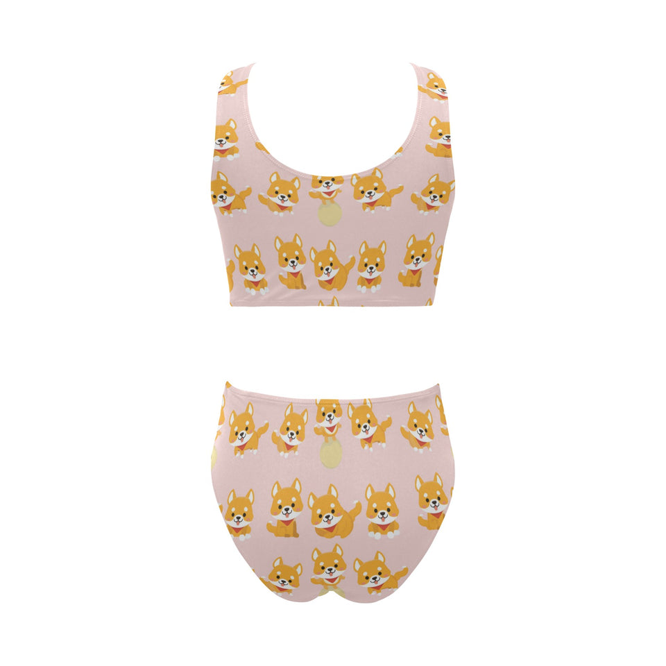 Cute shiba inu dog pattern Chest Bowknot High Waisted Bikini Swimsuit