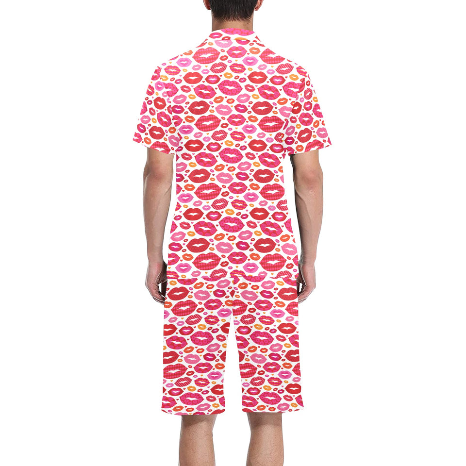 Lips Pattern Print Design 01 Men's V-Neck Short Pajama Set