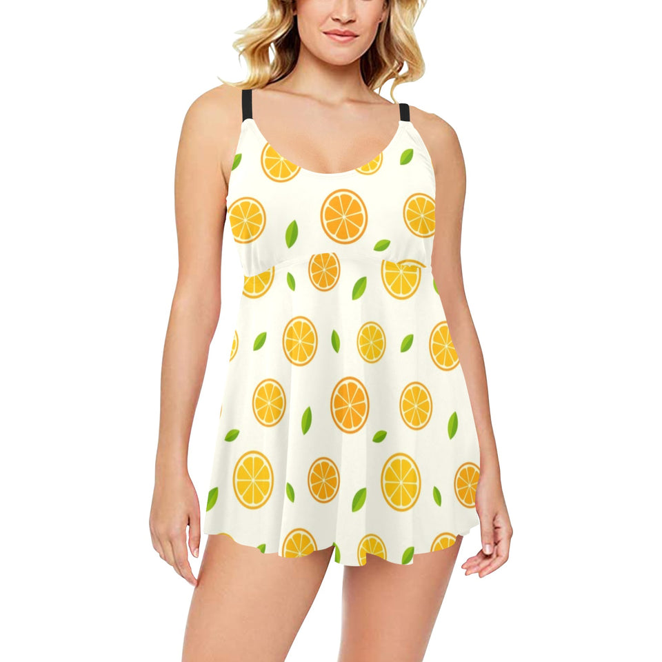 oranges leaves pattern Chest Sexy Pleated Two Piece Swim Dress