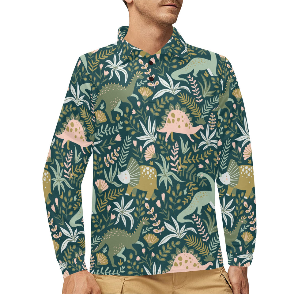 dinosaurs tropical leaves flower pattern Men's Long Sleeve Polo Shirt