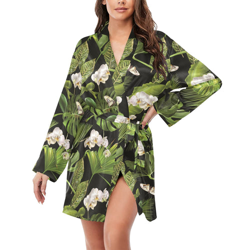 White orchid flower tropical leaves pattern blackg Women's Long Sleeve Belted Night Robe