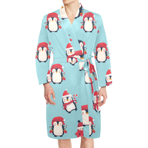 Cute penguin christmas design pattern Men's Long Sleeve Belted Night Robe