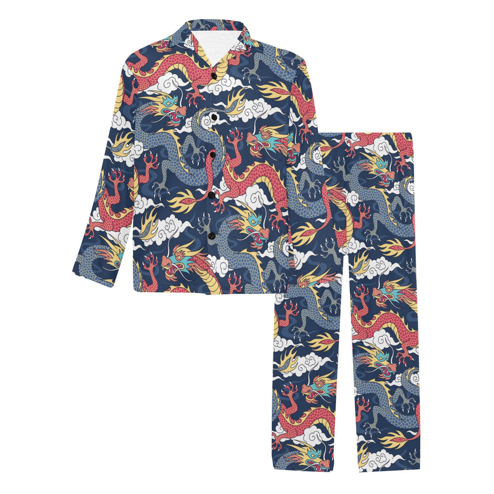 Blue red dragon cloud pattern Men's Long Pajama Set