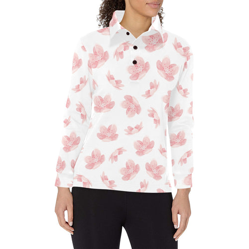 Pink sakura cherry blossom pattern Women's Long Sleeve Polo Shirt
