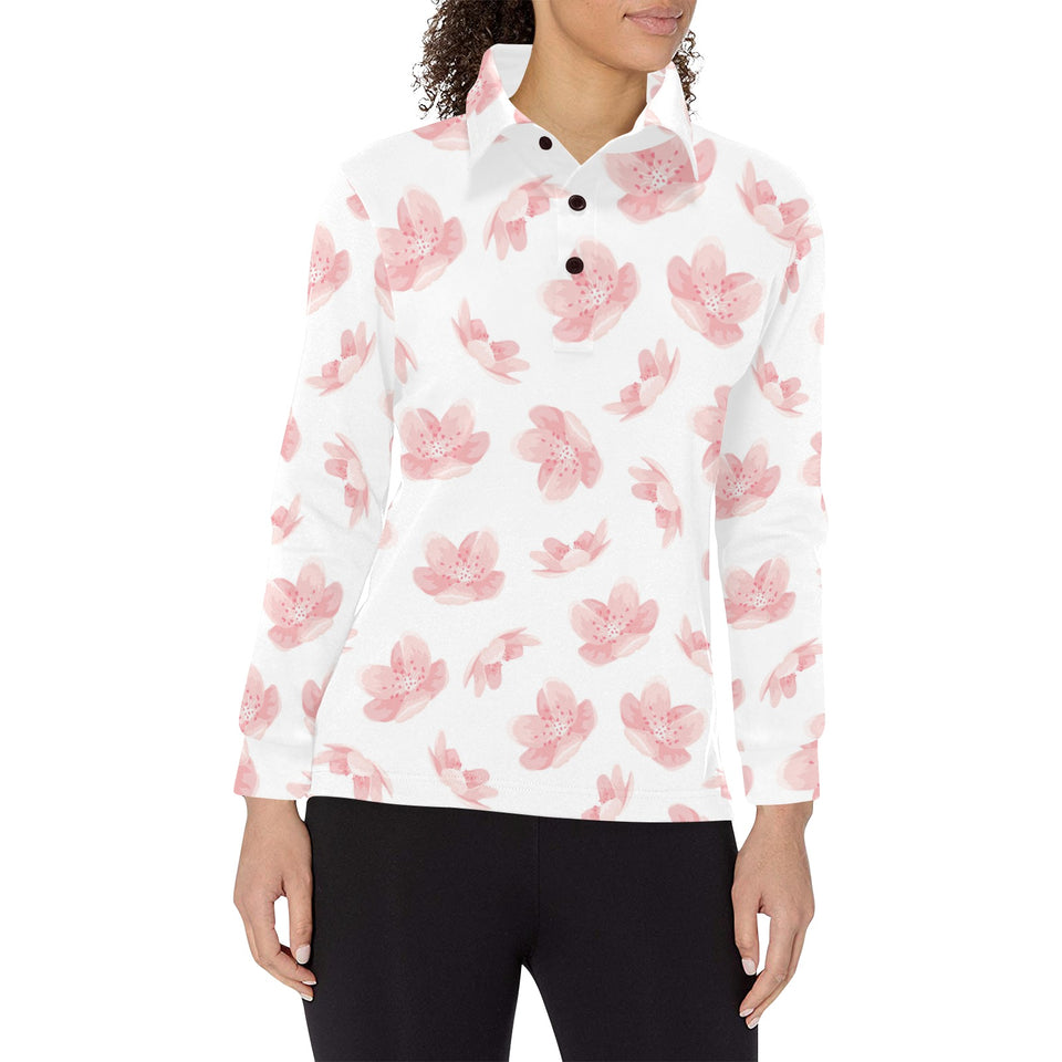 Pink sakura cherry blossom pattern Women's Long Sleeve Polo Shirt