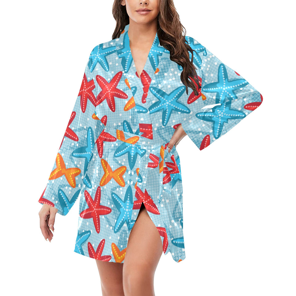 Blue red orange starfish pattern Women's Long Sleeve Belted Night Robe