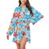 Blue red orange starfish pattern Women's Long Sleeve Belted Night Robe