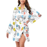 Siberian husky and colorful circle pattern Women's Long Sleeve Belted Night Robe