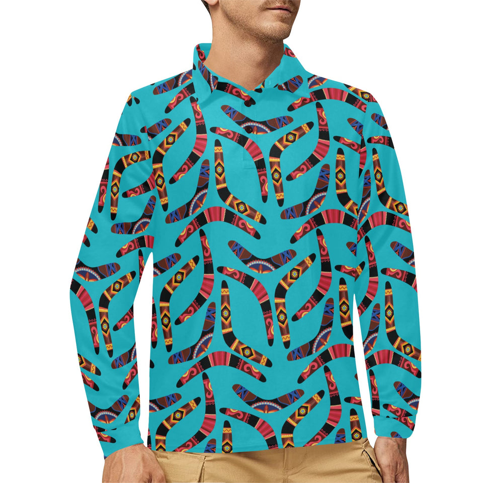 Boomerang Australian aboriginal ornament blue back Men's Long Sleeve Polo Shirt