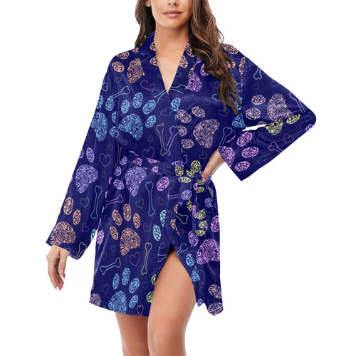 Dog Paws Pattern Print Design 02 Women's Long Sleeve Belted Night Robe