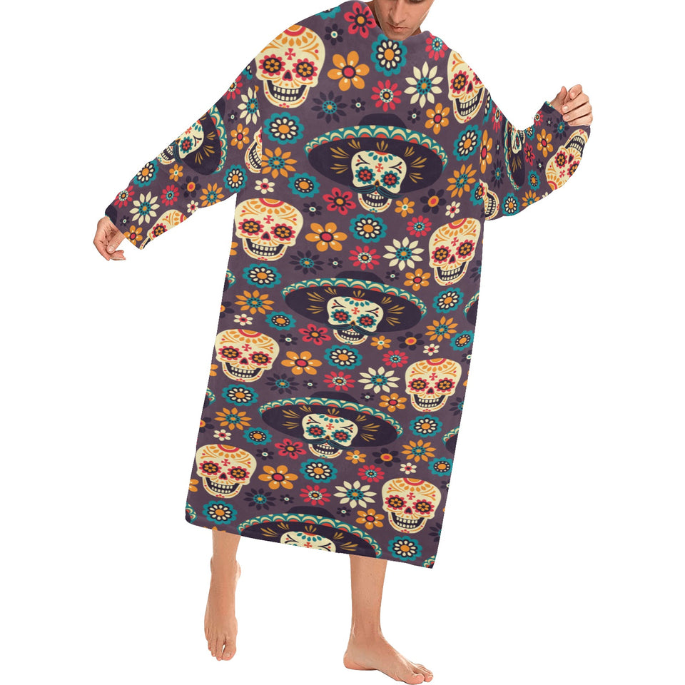 Sugar skulls flower maxican pattern Blanket Robe with Sleeves