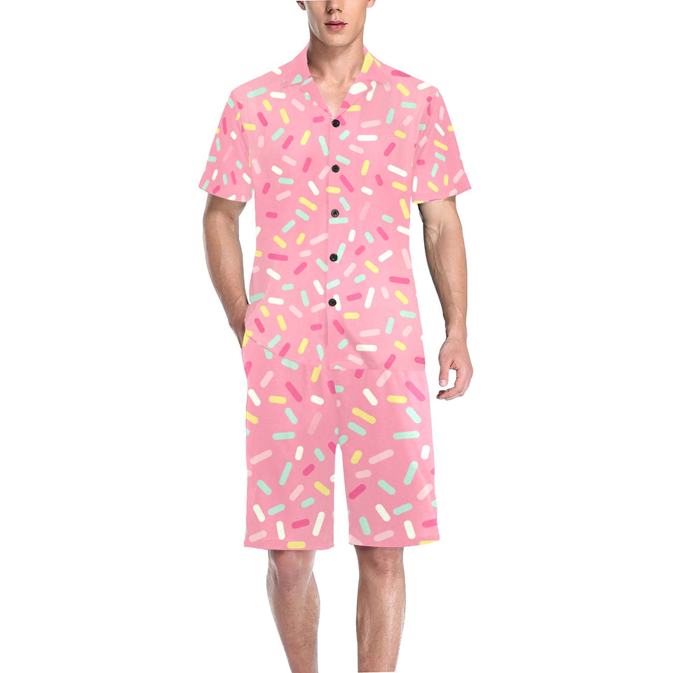 Pink donut glaze candy pattern Men's V-Neck Short Pajama Set