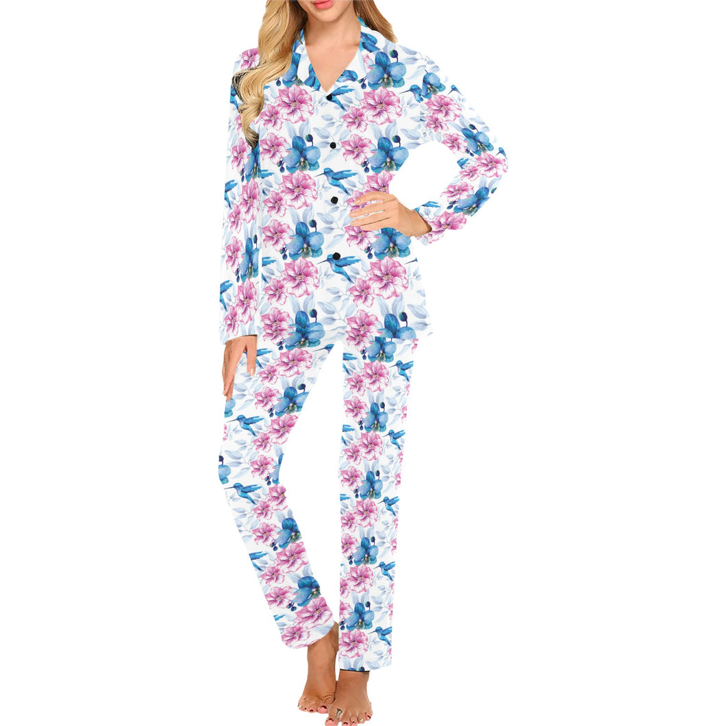 Hummingbird Pattern Print Design 02 Women's Long Pajama Set