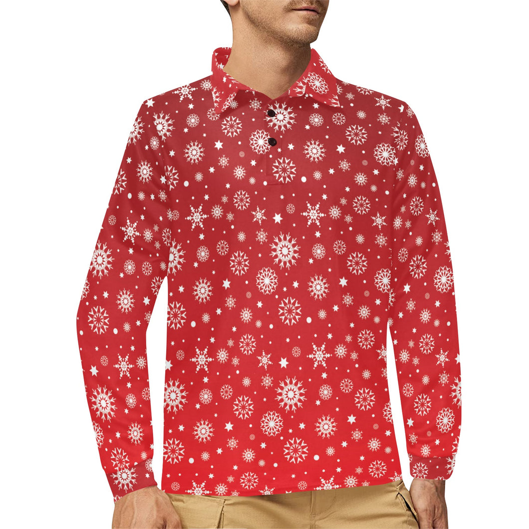 Snowflake pattern red background Men's Long Sleeve Polo Shirt
